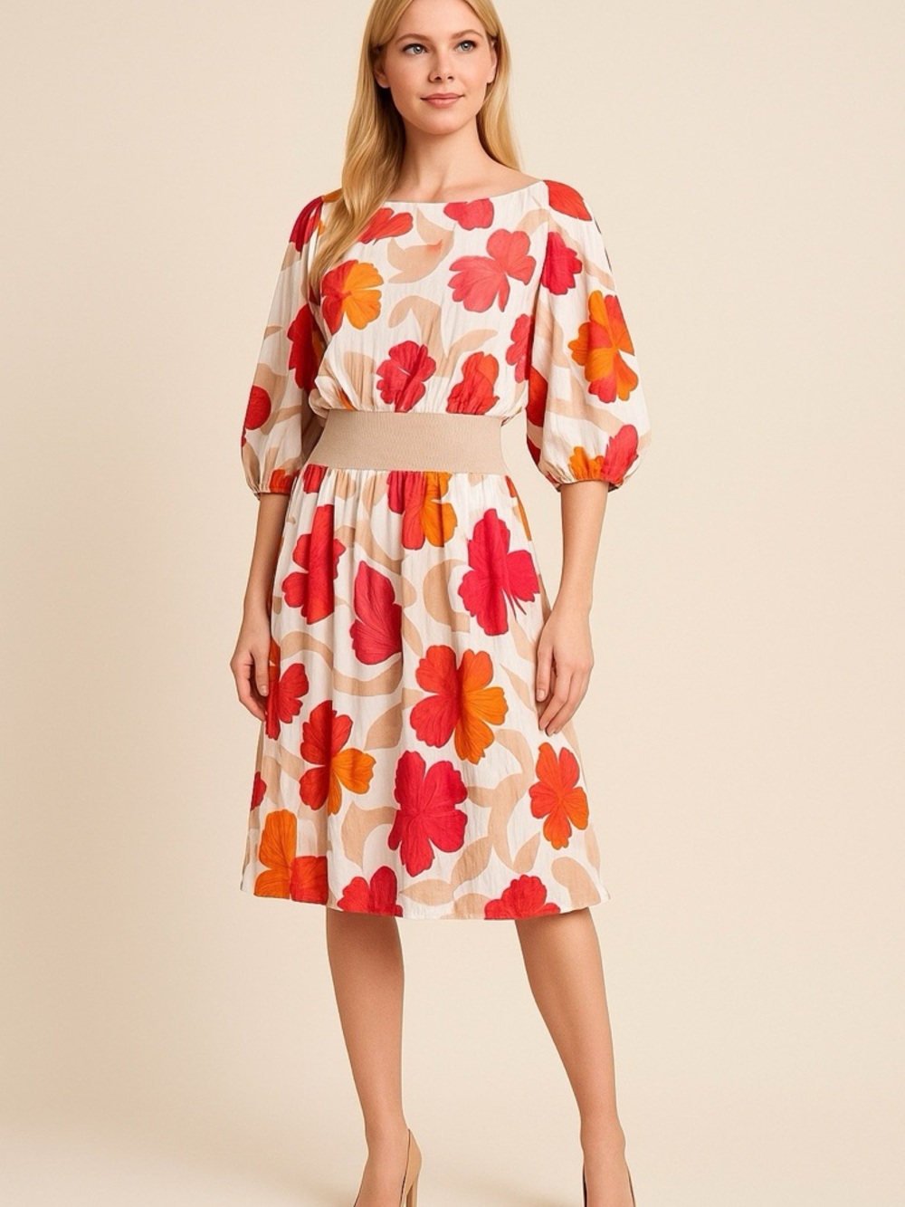 Anthropologie Floral Puff-Sleeve Midi Dress in Cream with Red & Orange Print